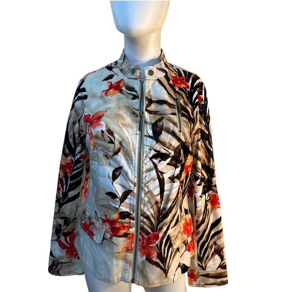 Chicos Womens Floral Print Zip-Up Jacket Size 0 Lightweight Cotton Blend EUC